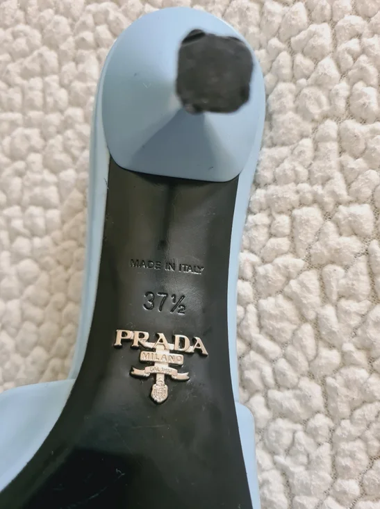 PRADA Burnished Leather Heeled Slide Sandals In Celeste EU 37.5 US 7.5 Org $1295 - Picture 11 of 16